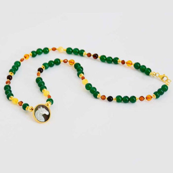 Horse seashell necklace with green agate and amber colored stone