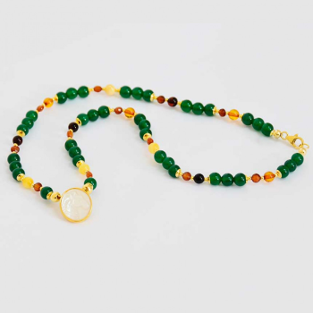 Horse seashell necklace with green agate and amber colored stone