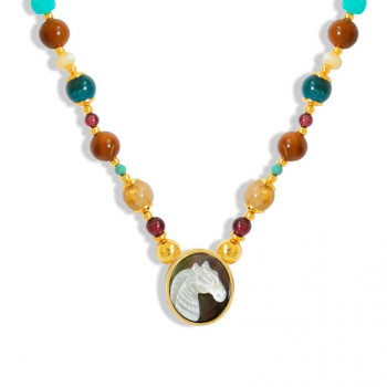 Horse seashell necklace with gold thread stone, garnet stone, apatite and brown coke stone