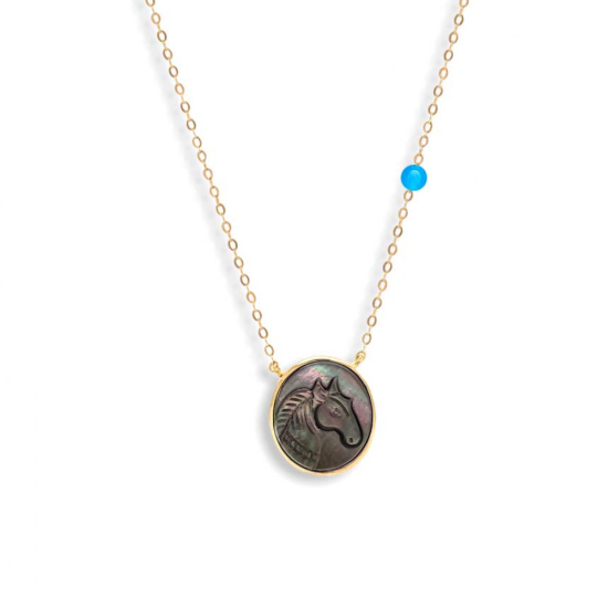 SHELL HORSE WITH SILVER CHAIN, AND blue agate 