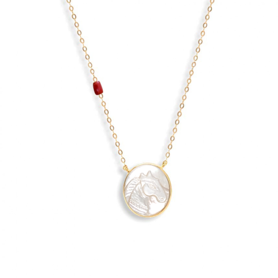 SHELL HORSE WITH SILVER CHAIN, AND coral