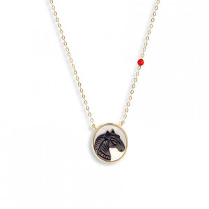 Gold-plated Silver chain of prominent white and black horse seashell with a red coral stone