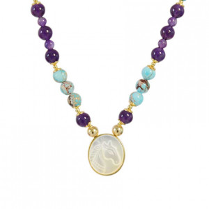 White horse seashell necklace with amethyst stone, turquoise stone and pearl stone