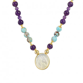 White horse seashell necklace with amethyst stone, turquoise stone and pearl stone