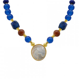 Horse necklace with blue agate, lapis and rabbit hair stone  