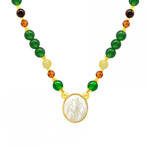 Horse seashell necklace with green agate and amber colored stone