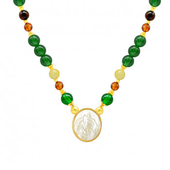 Horse seashell necklace with green agate and amber colored stone