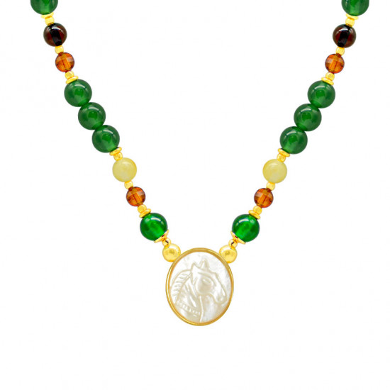 Horse seashell necklace with green agate and amber colored stone