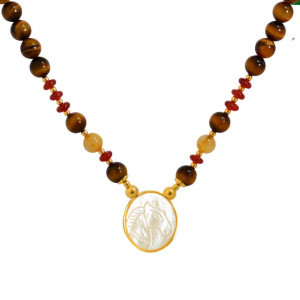 Horse seashell necklace with tigereye  stone, garnet, pearl and gold thread stone