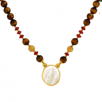 Horse seashell necklace with tigereye  stone, garnet, pearl and gold thread stone