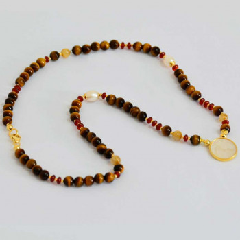 Horse seashell necklace with tigereye  stone, garnet, pearl and gold thread stone