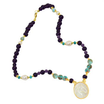 White horse seashell necklace with amethyst stone, turquoise stone and pearl stone