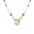 GOLD PLATED HORSE SEASHELL NECKLACE WITH PINK QUARTZ, LAPIS, SETRIN, TURQUOISE  