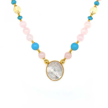GOLD PLATED HORSE SEASHELL NECKLACE WITH PINK QUARTZ, LAPIS, SETRIN, TURQUOISE  