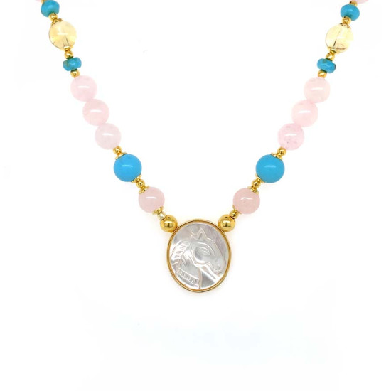 GOLD PLATED HORSE SEASHELL NECKLACE WITH PINK QUARTZ, LAPIS, SETRIN, TURQUOISE  