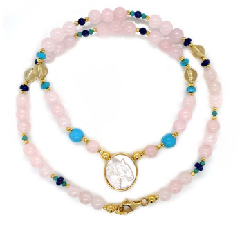 GOLD PLATED HORSE SEASHELL NECKLACE WITH PINK QUARTZ, LAPIS, SETRIN, TURQUOISE  
