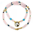 GOLD PLATED HORSE SEASHELL NECKLACE WITH PINK QUARTZ, LAPIS, SETRIN, TURQUOISE  