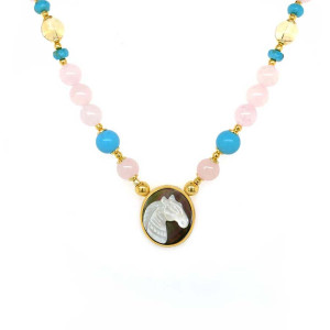 GOLD PLATED HORSE SEASHELL NECKLACE WITH PINK QUARTZ, LAPIS, SETRIN, TURQUOISE  