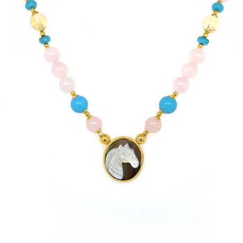 GOLD PLATED HORSE SEASHELL NECKLACE WITH PINK QUARTZ, LAPIS, SETRIN, TURQUOISE  