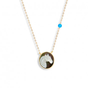 SHELL HORSE WITH SILVER CHAIN, AND blue agate 