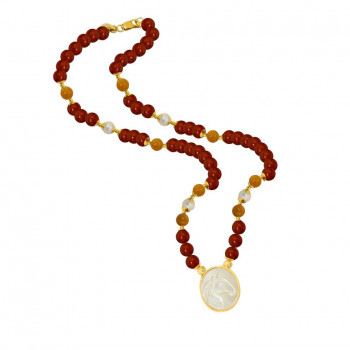 WHITE HORSE SEASHELL NECKLACE WITH RED AGATE STONE, YELLOW JADE AND PEARL STONE