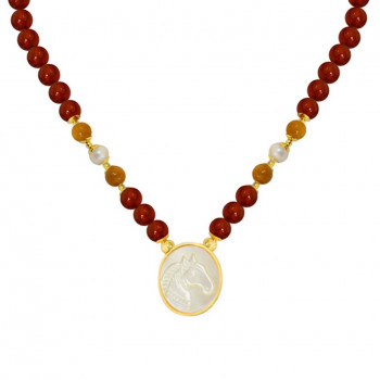 WHITE HORSE SEASHELL NECKLACE WITH RED AGATE STONE, YELLOW JADE AND PEARL STONE