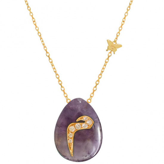 18K GOLD CHAIN WITH LETTER ( M ) WITH 7 PIECES OF DIAMONDS ON A STONE OF YOUR CHOICE