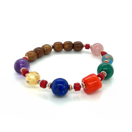 NEW ROYAL CHAKRA BRACELET ( red coral , amethyst , citrine , lapis , orange coral , malachite , turquoise jasper , pink quartz ، cook wood )