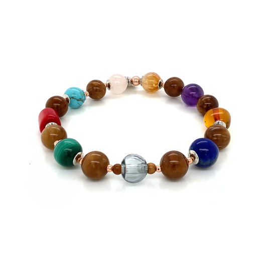 Aromatic royal chakras bracelet with ( Pink Quartz , Turquoise , Amber , Lapis , Malachite , red Coral , Amethyst , Citrine ) Aromatic royal chakras bracelet with ( Pink Quartz , Turquoise , Amber , Lapis , Malachite , red Coral , Amethyst , Citrine )