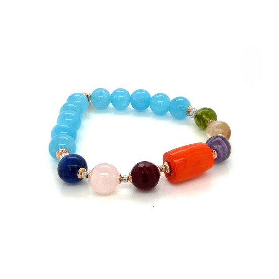 GOLD PLATED CHAKRA BRACELET WITH ( ORANGE CORAL - RUBI AGATE - PINK QUARTZ - KYANITE - AMETHYST - CITRINE - GREEN LABRADORITE - AQUAMARINE ) 