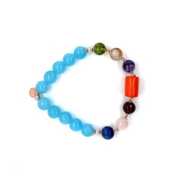 GOLD PLATED CHAKRA BRACELET WITH ( ORANGE CORAL - RUBI AGATE - PINK QUARTZ - KYANITE - AMETHYST - CITRINE - GREEN LABRADORITE - AQUAMARINE ) 
