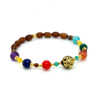 18K GOLD PLATED VOLCANIC STONE WITH RED CORAL , LAPIS , AMETHYST , ORANGE AGATE , MALACHITE , AMAZONITE AND COKE WOOD 