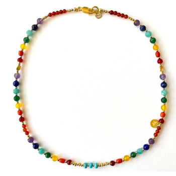 21K GOLD PLATED CHAKRAS NECKLACE ( TURQUOISE , AMAZONITE , YELLOW AGATE , LAPIS , CHLORITE , AMETHYST AND ED AGATE ) 