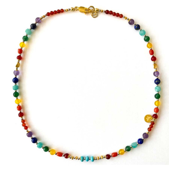 21K GOLD PLATED CHAKRAS NECKLACE ( TURQUOISE , AMAZONITE , YELLOW AGATE , LAPIS , CHLORITE , AMETHYST AND ED AGATE ) 