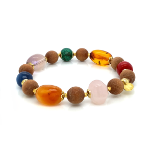  GOLD PLATED CHAKRAS BRACELET WITH KYANITE , PINK QUARTZ , ORANGE AGATE , AMACITRINE , AZURITE , AMBER CORAL AND SANDAL WOOD 