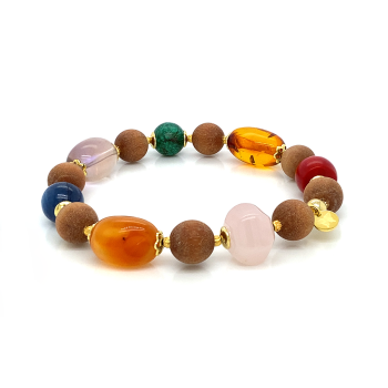  GOLD PLATED CHAKRAS BRACELET WITH KYANITE , PINK QUARTZ , ORANGE AGATE , AMACITRINE , AZURITE , AMBER CORAL AND SANDAL WOOD 