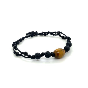 STRING BRACELET WITH TIGER EYE, LAVA STONE, AND BLACK COCONUT WOOD