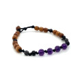 STRING BRACELET WITH AMETHYST, ONYX, AND COCONUT WOOD