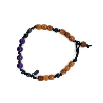 STRING BRACELET WITH AMETHYST, ONYX, AND COCONUT WOOD