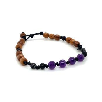 STRING BRACELET WITH AMETHYST, ONYX, AND COCONUT WOOD