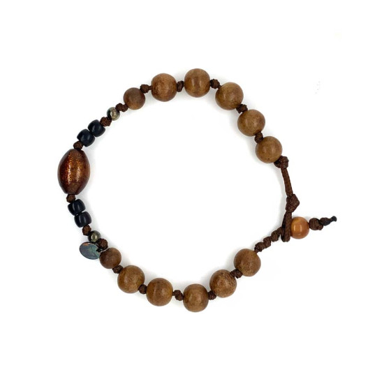 STRING BRACELET WITH GOLDEN CORAL, COCONUT WOOD, AND AGARWOOD