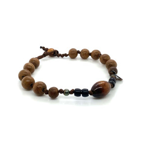 STRING BRACELET WITH GOLDEN CORAL, COCONUT WOOD, AND AGARWOOD