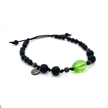 GREEN AMBER THREAD BRACELET WITH VOLCANIC STONE AND BLACK COKE
