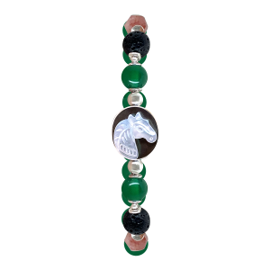 HORSE BRACELET WITH VOLCANIC STONE , CHERRY QUARTZ AND GREEN AGATE 