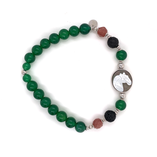 HORSE BRACELET WITH VOLCANIC STONE , CHERRY QUARTZ AND GREEN AGATE 