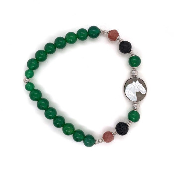 HORSE BRACELET WITH VOLCANIC STONE , CHERRY QUARTZ AND GREEN AGATE 