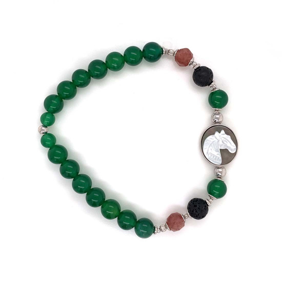 HORSE BRACELET WITH VOLCANIC STONE , CHERRY QUARTZ AND GREEN AGATE 