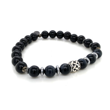 BLUE TIGER EYE BRACELET WITH HEMATITE AND OBSIDIAN 