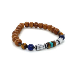 TIGER EYE BRACELET WITH LAPIS, HEMATITE, HALLULITE, TURQUOISE, COKE WOOD