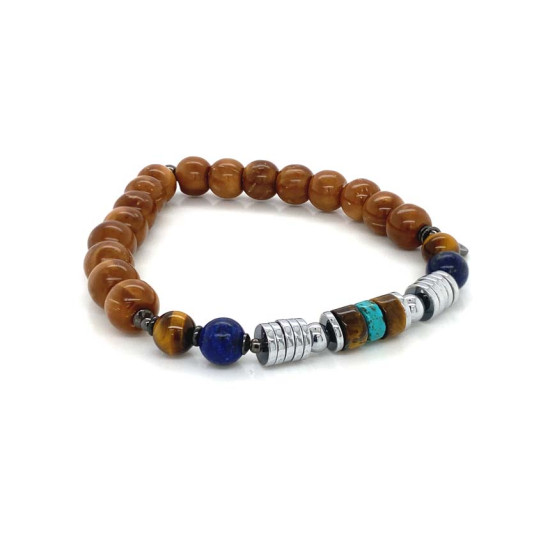 TIGER EYE BRACELET WITH LAPIS, HEMATITE, HALLULITE, TURQUOISE, COKE WOOD TIGER EYE BRACELET WITH LAPIS, HEMATITE, HALLULITE, TURQUOISE, COKE WOOD